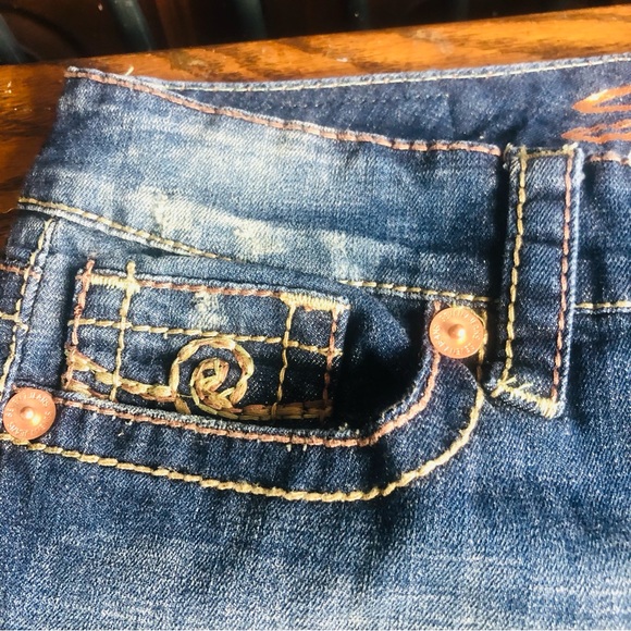 Seven 7 Womens Destructed Boot Cut Jeans Blue Med Wash Stretch Denim Sz 30 - Picture 3 of 9